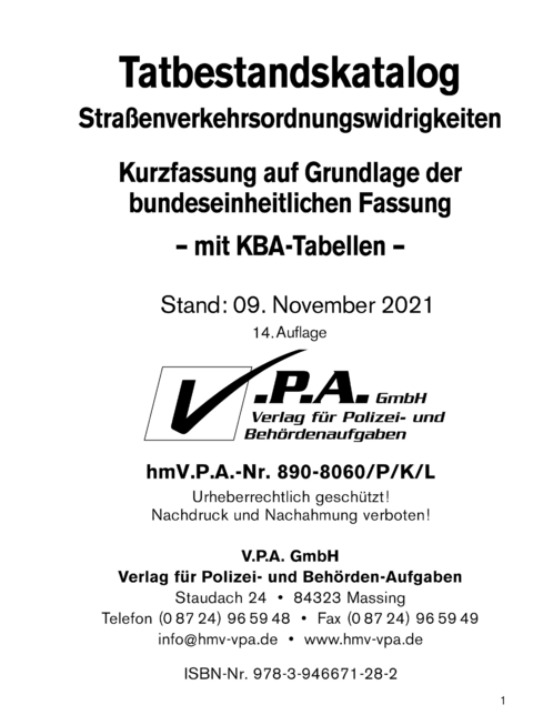 Grundwerk - Kurzfassung auf Grundlage der bundeseinh. Fassung mit KBA-Tabellen, Loseblatt-Ausgabe - 