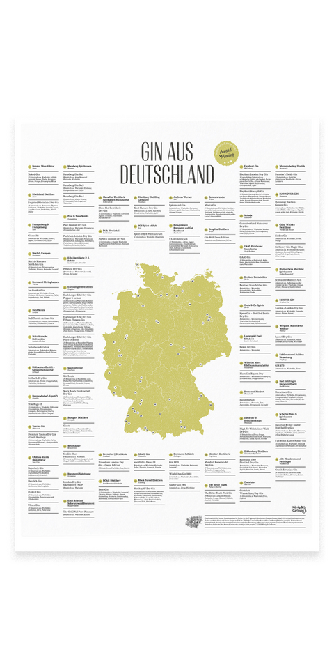 Gin Landkarte A2, Gin aus Deutschland, Gin Empfehlungen, Gin Destillerien und Brennereien als Poster / Plakat ohne Rahmen - König Dennis