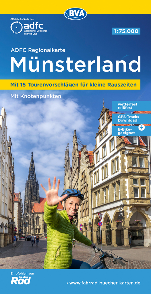 ADFC-Regionalkarte Münsterland, 1:75.000, mit Tagestourenvorschlägen, reiß- und wetterfest, E-Bike-geeignet, mit Knotenpunkten, GPS-Tracks-Download
