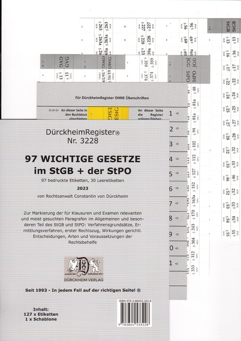 DürckheimRegister® StGB+StPO - 97 WICHTIGE §§ im Strafrecht u. Strafprozessrecht OHNE - Constantin Dürckheim, Martin Hackler