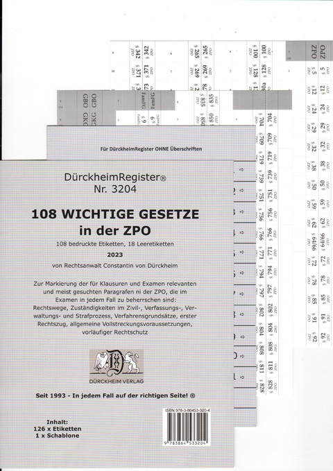 DürckheimRegister® 108 WICHTIGE §§ in der ZPO, ohne Stichworte - Constantin Dürckheim, Martin Hackler
