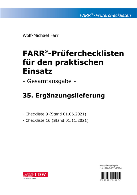 Farr, Prüfercheckl. 35. Erg.Lief. z. Grundwerk, inkl. CL 9 + 16 - Wolf-Michael Farr
