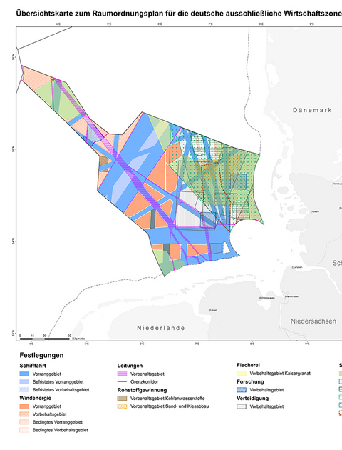 Übersichtskarte zum Raumordnungsplan für die deutsche ausschließliche Wirtschaftszone in der Nordsee und in der Ostsee 2021 - 