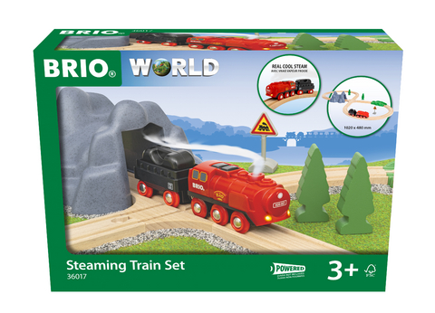 BRIO World 36017 Batterie-Dampflok Set - Aus dem Schornstein der Lokomotive strömt während der Fahrt kalter Wasserdampf - Klassisches Bahn-Acht Layout inklusive Bergtunnel