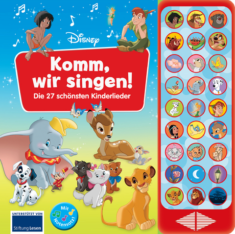 Disney - Komm, wir singen! Die 27 schönsten Kinderlieder - 27-Button-Soundbuch - Liederbuch mit Noten zum Mitsingen - 