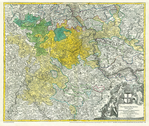 Historische Karte: Die MOSEL 1720 und das Erzbistum sowie Kurfürstentum Trier mit seinen Ämtern - Johann B. Homann