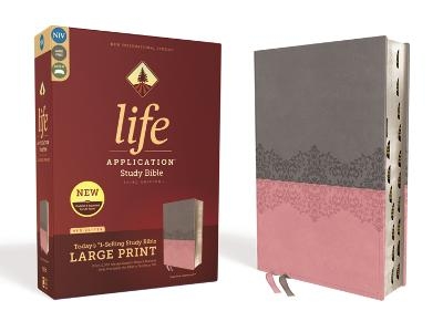 NIV, Life Application Study Bible, Third Edition, Large Print, Leathersoft, Gray/Pink, Red Letter, Thumb Indexed -  Zondervan