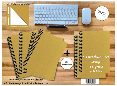 A 6 Notizbuch - Set, 5+1 gratis, Luxury 80 Seiten GOLD GMUND SHIMMER, liniert - 