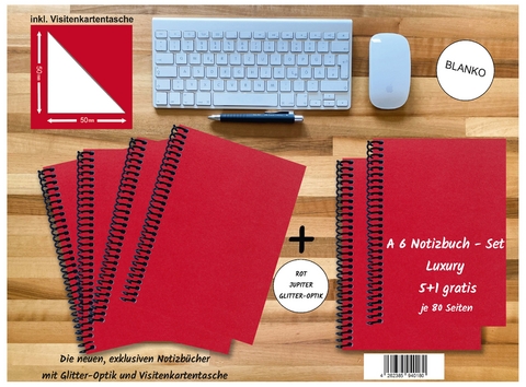 A 6 Notizbuch - Set, 5+1 gratis, Luxury 80 Seiten ROT JUPITER GLITTER-OPTIK, blanko - 