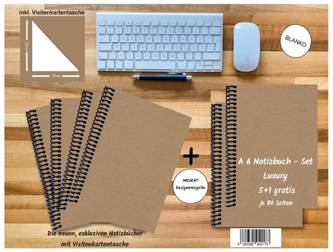 A 6 Notizbuch - Set, 5+1 gratis, Luxury 80 Seiten MUSKAT Designerecycling, blanko - 
