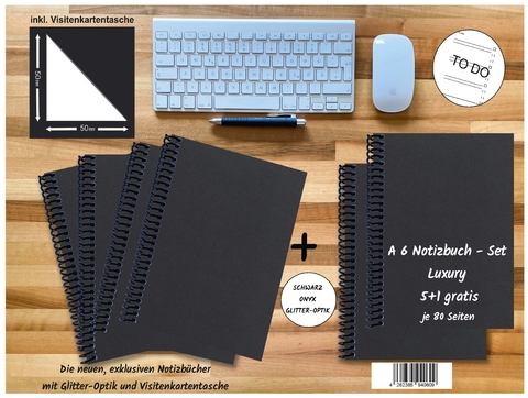 A 6 Notizbuch - Set, 5+1 gratis, Luxury 80 Seiten SCHWARZ ONYX GLITTER-OPTIK, to do - 