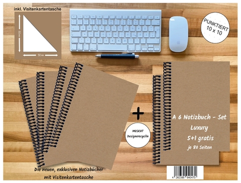 A 6 Notizbuch - Set, 5+1 gratis, Luxury 80 Seiten MUSKAT Designerecycling, punktiert 10x10mm - 