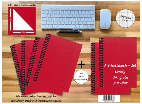 A 6 Notizbuch - Set, 5+1 gratis, Luxury 80 Seiten ROT JUPITER GLITTER-OPTIK, kariert 5x5mm - 