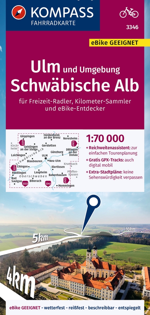 KOMPASS Fahrradkarte 3346 Ulm und Umgebung, Schwäbische Alb 1:70.000