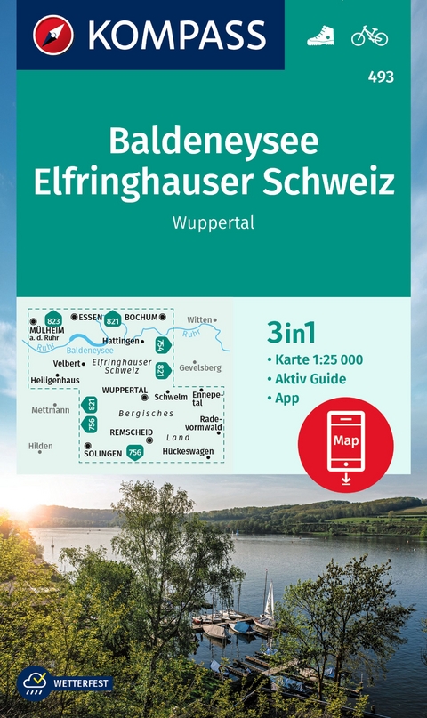 KOMPASS Wanderkarte 493 Baldeneysee, Elfringhauser Schweiz, Wuppertal 1:25.000