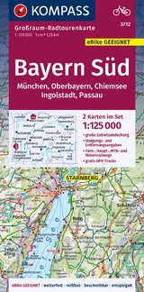 KOMPASS Großraum-Radtourenkarte 3712 Bayern Süd, Oberbayern, Chiemsee, Ingolstadt, Passau, München 1:125.000 - 