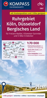 KOMPASS Fahrradkarte 3367 Ruhrgebiet, Köln, Düsseldorf, Bergisches Land mit Knotenpunkten 1:70.000 - 