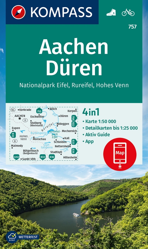 KOMPASS Wanderkarte 757 Aachen, Düren, Nationalpark Eifel, Rureifel, Hohes Venn 1:50.000