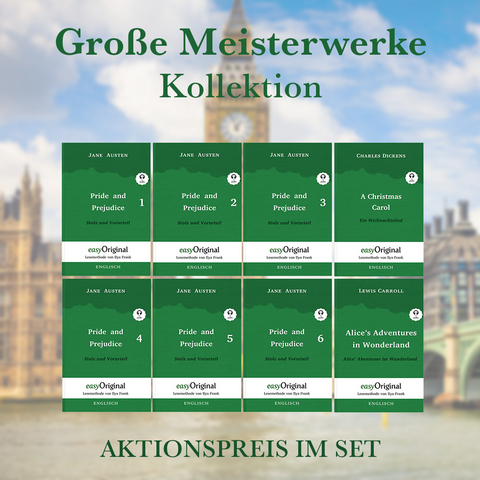 Große Meisterwerke Kollektion Hardcover (Bücher +8 MP3 Audio-CDs) - Lesemethode von Ilya Frank - Zweisprachige Ausgabe Englisch-Deutsch (mit kostenlosem Audio-Download-Link) - Jane Austen, Charles Dickens, Lewis Carroll