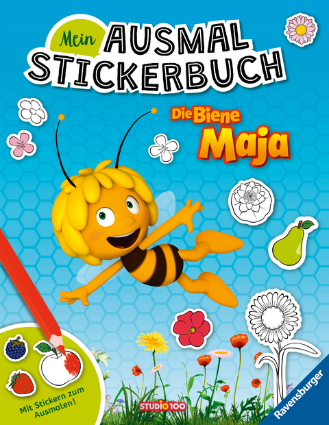 Ravensburger Mein Ausmalstickerbuch Die Biene Maja – Großes Buch mit über 250 Stickern, viele Sticker zum Ausmalen