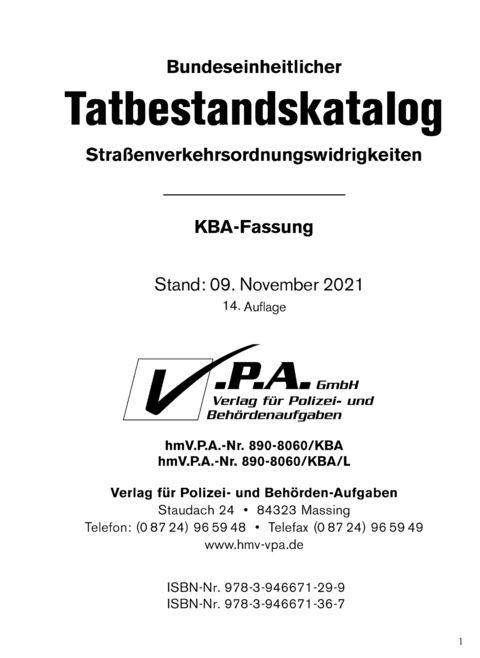 Bundeseinheitlichen Tatbestandskatalog, KBA-Langfassung, Stand 01. September 2023 - 