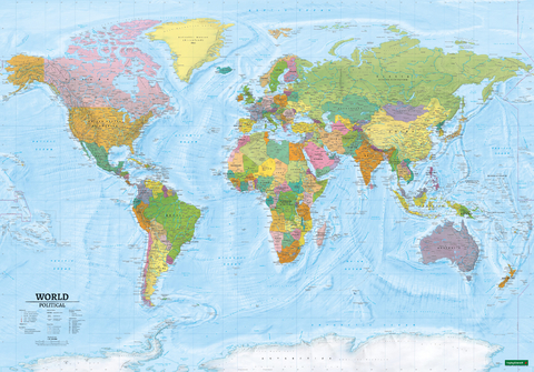 World map, political - physical, english, 1:20.000.000, Poster, freytag & berndt