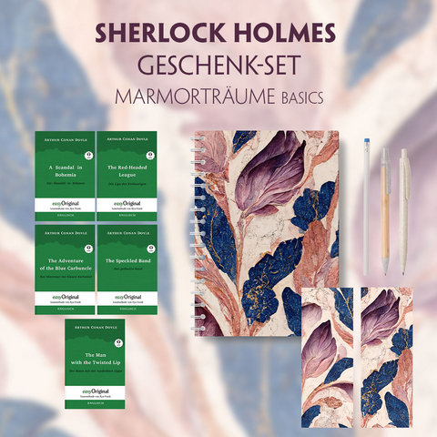 Sherlock Holmes Geschenkset - 5 Bücher (mit Audio-Online) + Marmorträume Schreibset Basics - Arthur Conan Doyle