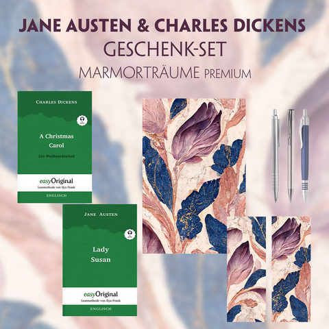 Jane Austen & Charles Dickens Geschenkset - 2 Bücher (Softcover+ Audio-Online) + Marmorträume Schreibset Premium - Jane Austen, Charles Dickens