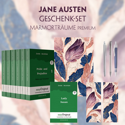 Jane Austen Geschenkset - 7 Bücher (Hardcover + Audio-Online) + Marmorträume Schreibset Premium - Jane Austen