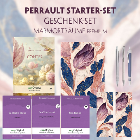 Charles Perrault Starter-Paket Geschenkset - 4 Bücher (mit Audio-Online) + Marmorträume Schreibset Premium - Charles Perrault