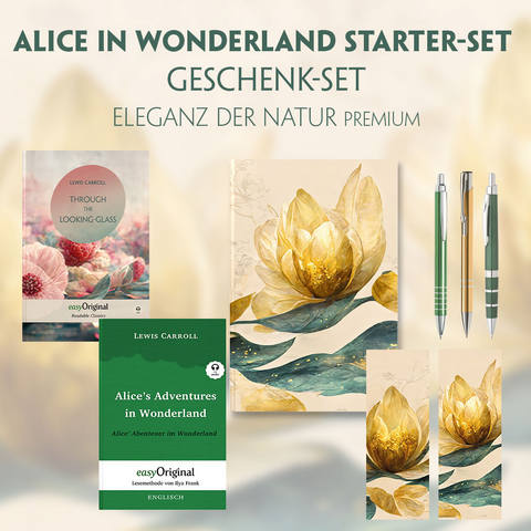 Alice im Wunderland Starter-Paket Geschenkset - 2 Bücher (mit Audio-Online) + Eleganz der Natur Schreibset Premium - Lewis Carroll