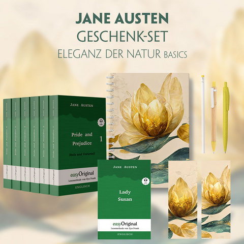 Jane Austen Geschenkset - 7 Bücher (Hardcover + Audio-Online) + Eleganz der Natur Schreibset Basics - Jane Austen