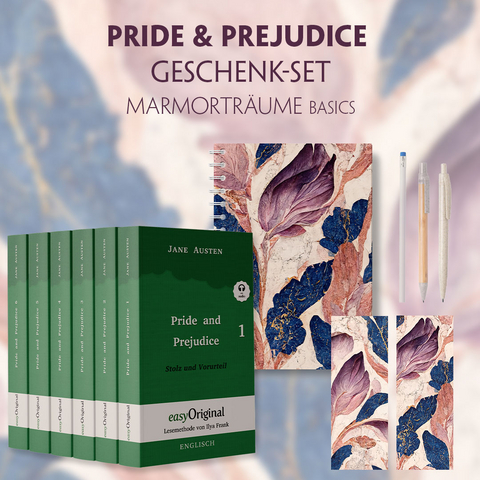 Stolz und Vorurteil Geschenkset - 6 Bücher (Softcover + Audio-Online) + Marmorträume Schreibset Basics - Jane Austen