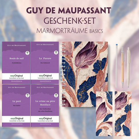 Guy de Maupassant Geschenkset - 4 Bücher (mit Audio-Online) + Marmorträume Schreibset Basics - Guy de Maupassant