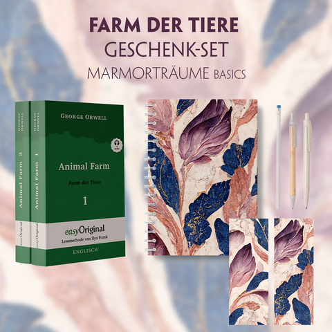 Farm der Tiere Geschenkset - 2 Teile (Buch + Audio-Online) + Marmorträume Schreibset Basics - George Orwell