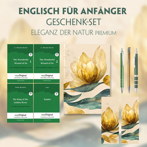 Englisch für Anfänger Geschenkset - 4 Bücher (mit Audio-Online) + Eleganz der Natur Schreibset Premium - L. Frank Baum, John Ruskin, Hector Hugh Munro (Saki)
