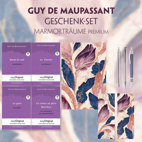 Guy de Maupassant Geschenkset - 4 Bücher (mit Audio-Online) + Marmorträume Schreibset Premium - Guy de Maupassant