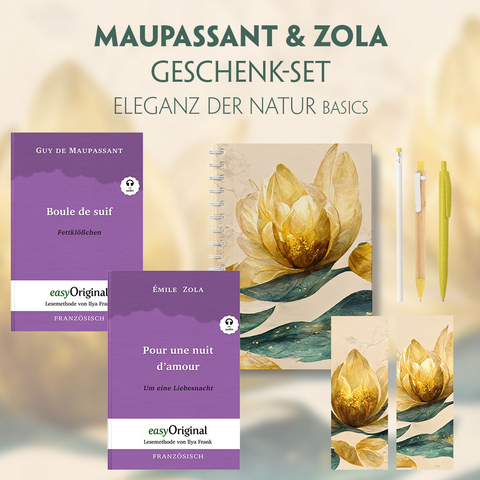 Guy de Maupassant & Émile Zola Geschenkset - 2 Bücher (mit Audio-Online) + Eleganz der Natur Schreibset Basics - Guy de Maupassant, Émile Zola