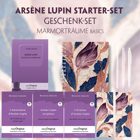 Arsène Lupin Starter-Paket Geschenkset - 4 Bücher (mit Audio-Online) + Marmorträume Schreibset Basics - Maurice Leblanc