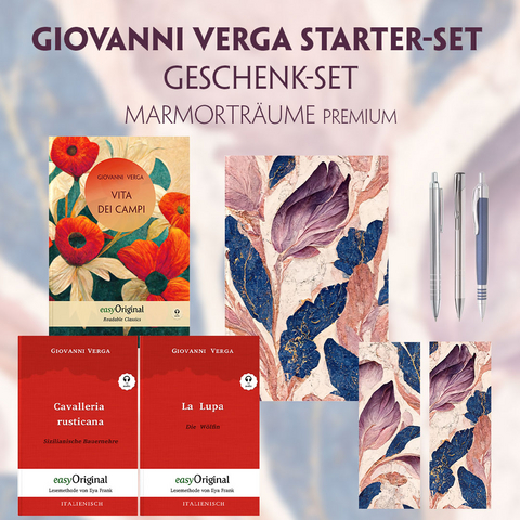 Vita dei campi Starter-Paket Geschenkset - 3 Bücher (mit Audio-Online) + Marmorträume Schreibset Premium - Giovanni Verga