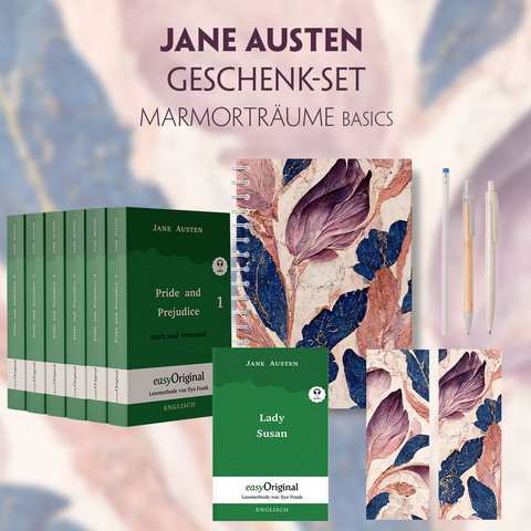 Jane Austen Geschenkset - 7 Bücher (Softcover + Audio-Online) + Marmorträume Schreibset Basics - Jane Austen