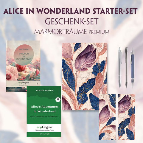 Alice im Wunderland Starter-Paket Geschenkset - 2 Bücher (mit Audio-Online) + Marmorträume Schreibset Premium - Lewis Carroll