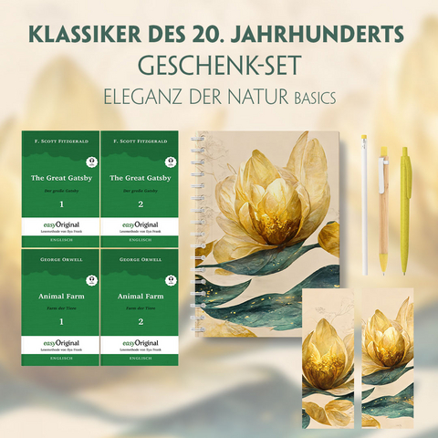 Klassiker des 20. Jahrhunderts Geschenkset - 4 Bücher (mit Audio-Online) + Eleganz der Natur Schreibset Basics - F. Scott Fitzgerald, George Orwell