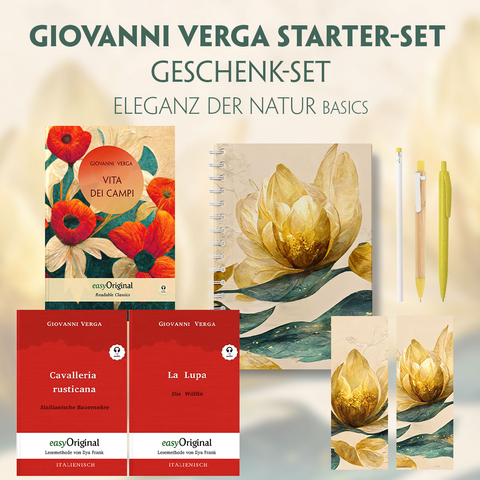 Vita dei campi Starter-Paket Geschenkset - 3 Bücher (mit Audio-Online) + Eleganz der Natur Schreibset Basics - Giovanni Verga