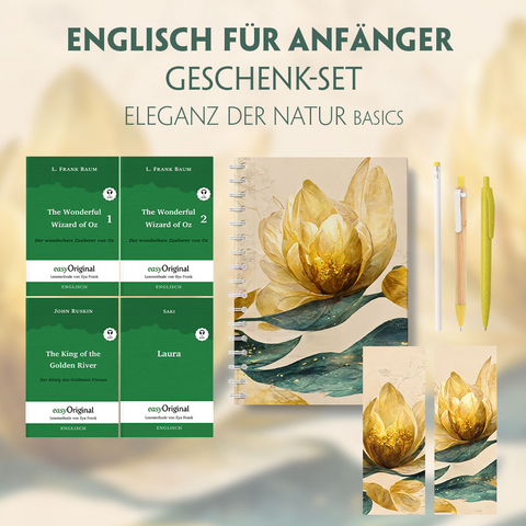 Englisch für Anfänger Geschenkset - 4 Bücher (mit Audio-Online) + Eleganz der Natur Schreibset Basics - L. Frank Baum, John Ruskin, Hector Hugh Munro (Saki)