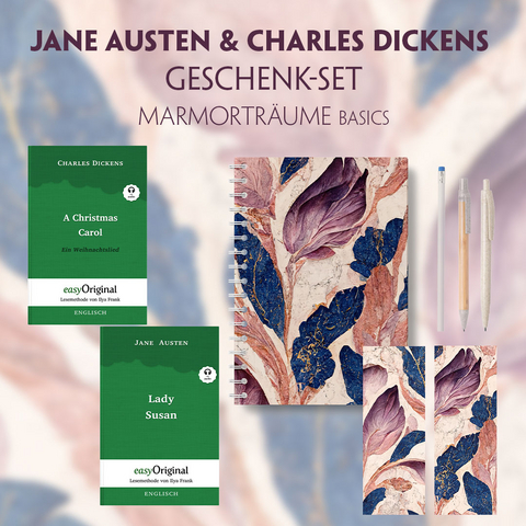 Jane Austen & Charles Dickens Geschenkset - 2 Bücher (Hardcover+ Audio-Online) + Marmorträume Schreibset Basics - Jane Austen, Charles Dickens