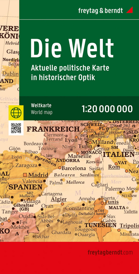 Weltkarte: Aktuelle Karte im antiken Stil, 1:20.000.000, Poster metallbestäbt, freytag &amp; berndt