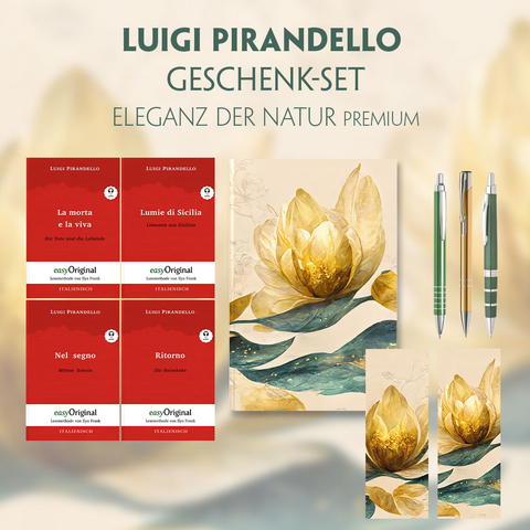 Luigi Pirandello Geschenkset - 4 Bücher (mit Audio-Online) + Eleganz der Natur Schreibset Premium - Luigi Pirandello