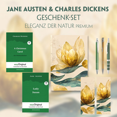Jane Austen & Charles Dickens Geschenkset - 2 Bücher (Softcover+ Audio-Online) + Eleganz der Natur Schreibset Premium - Jane Austen, Charles Dickens