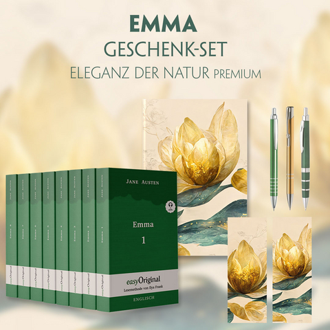 Emma Geschenkset - 8 Bücher (Softcover + Audio-Online) + Eleganz der Natur Schreibset Premium - Jane Austen